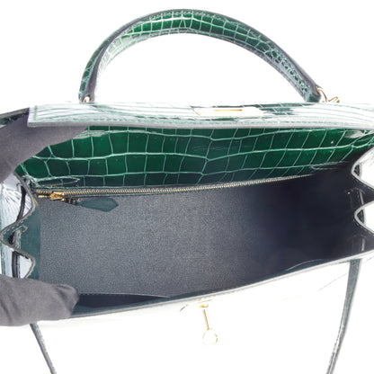 Hermes Kelly 28 Vert Fonce (67) Shiny Niloticus Crocodile Gold hardware