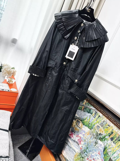 Chanel 20k black ruffled collar long coat