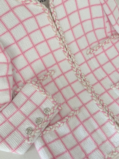 Chanel 23C Pink and White Check Tweed Jacket