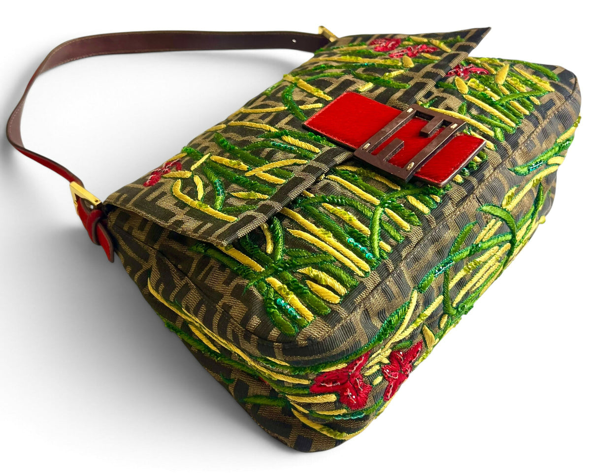 FENDI Garden Floral Embroidered Beaded Pony Hair Zucca FF Mamma Baguette Bag