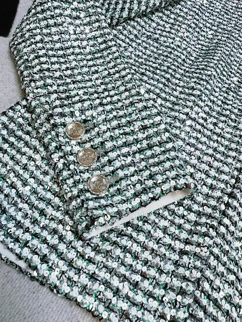 Chanel 23P silver and green sequined tweed jacket