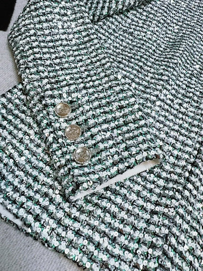 Chanel 23P silver and green sequined tweed jacket