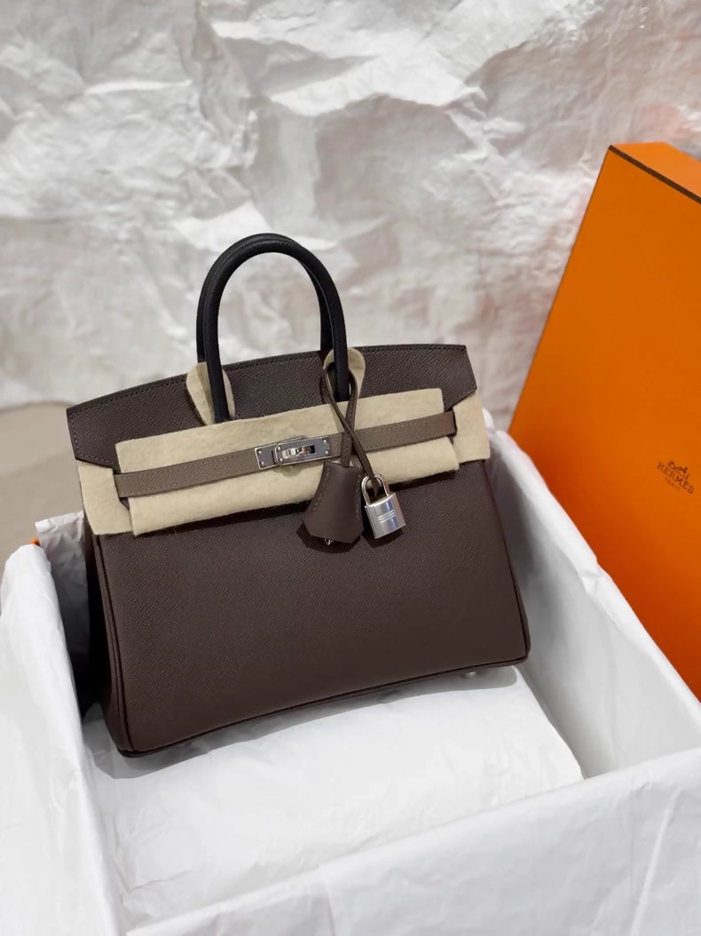 Hermes Birkin 25 brown, grey and black Epsom leather palladium hardware