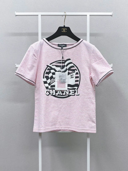 Chanel 19C Pink and White Striped Short-Sleeve T-Shirt
