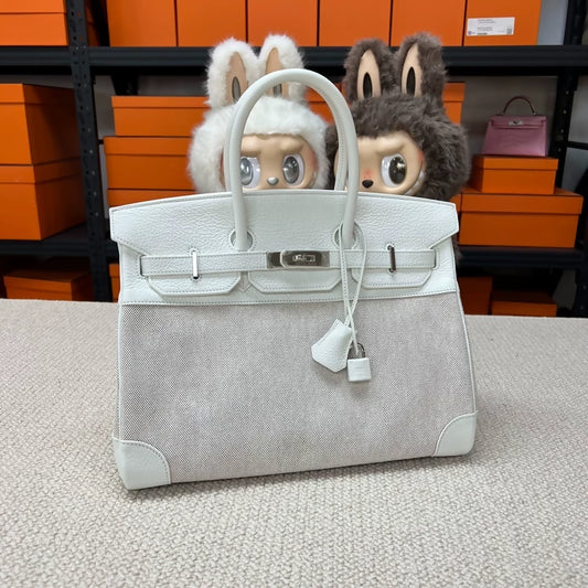 Hermes Birkin 35 Toile & 01 pure white Togo leather palladium hardware