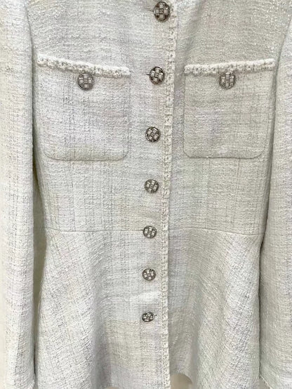 Chanel 23SS white tweed jacket with silver shimmer