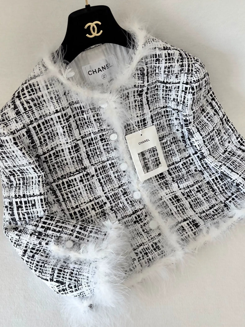 Chanel 25s black and white feather tweed jacket
