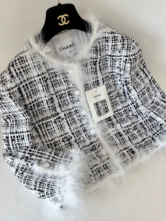 Chanel 25s black and white feather tweed jacket