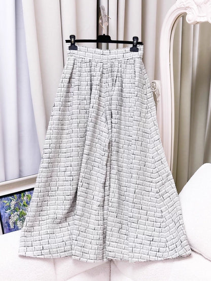 Chanel 22C Tweed Black, White, and Grey Check wide Pants