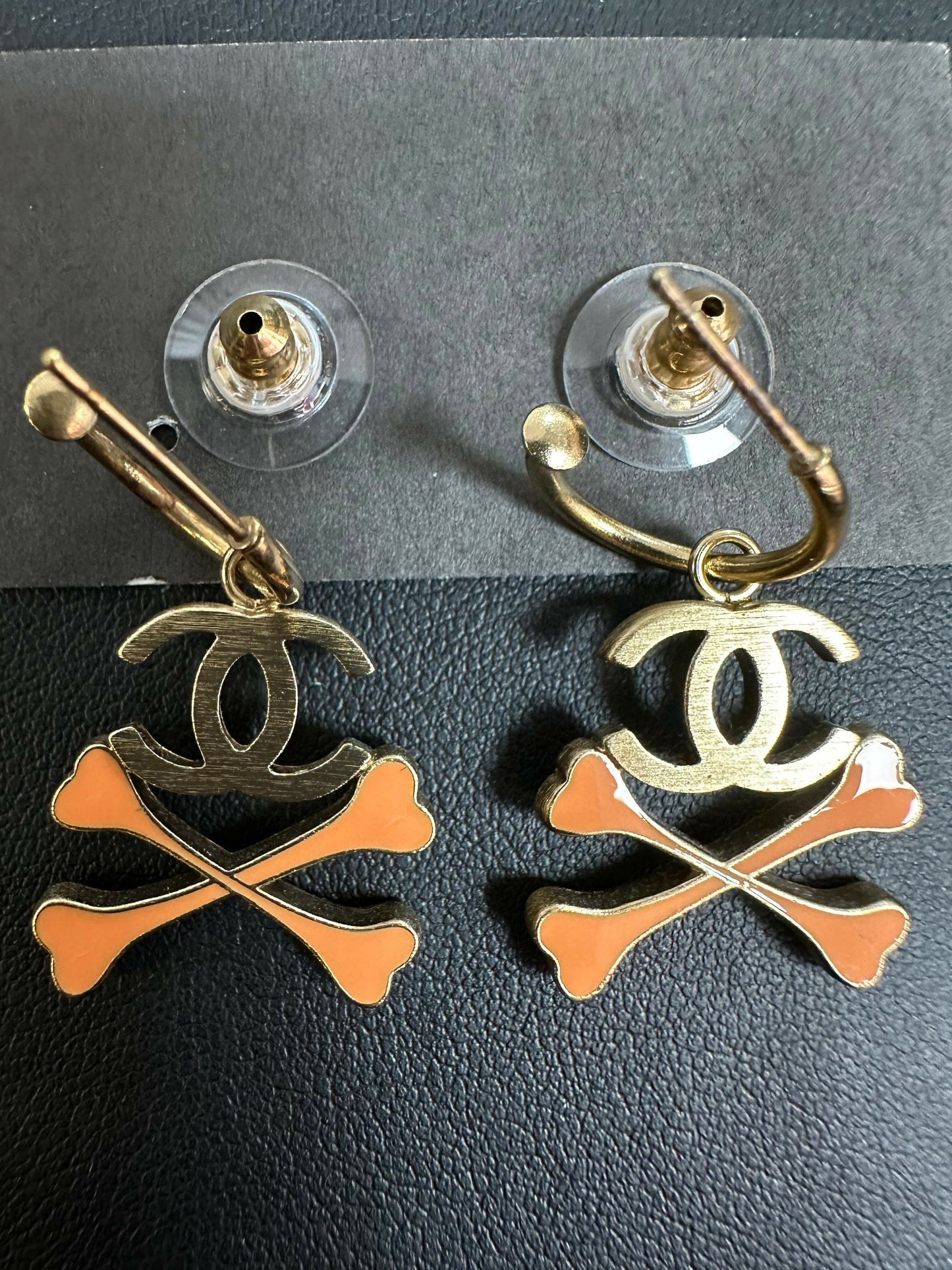 Chanel Vintage 03P Enamel Skull Orange Hoop Stud Earrings