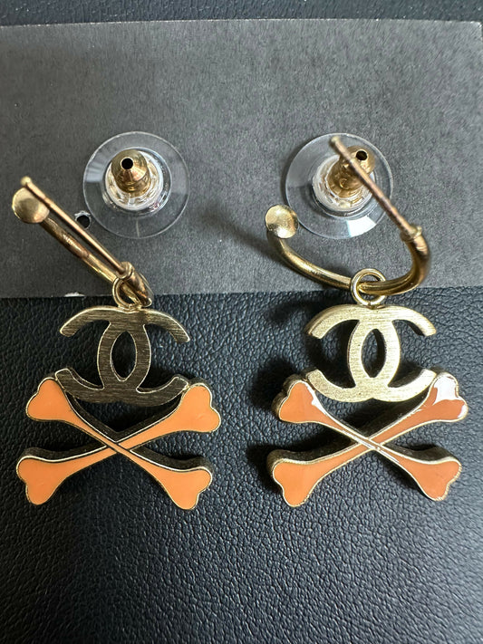 Chanel Vintage 03P Enamel Skull Orange Hoop Stud Earrings