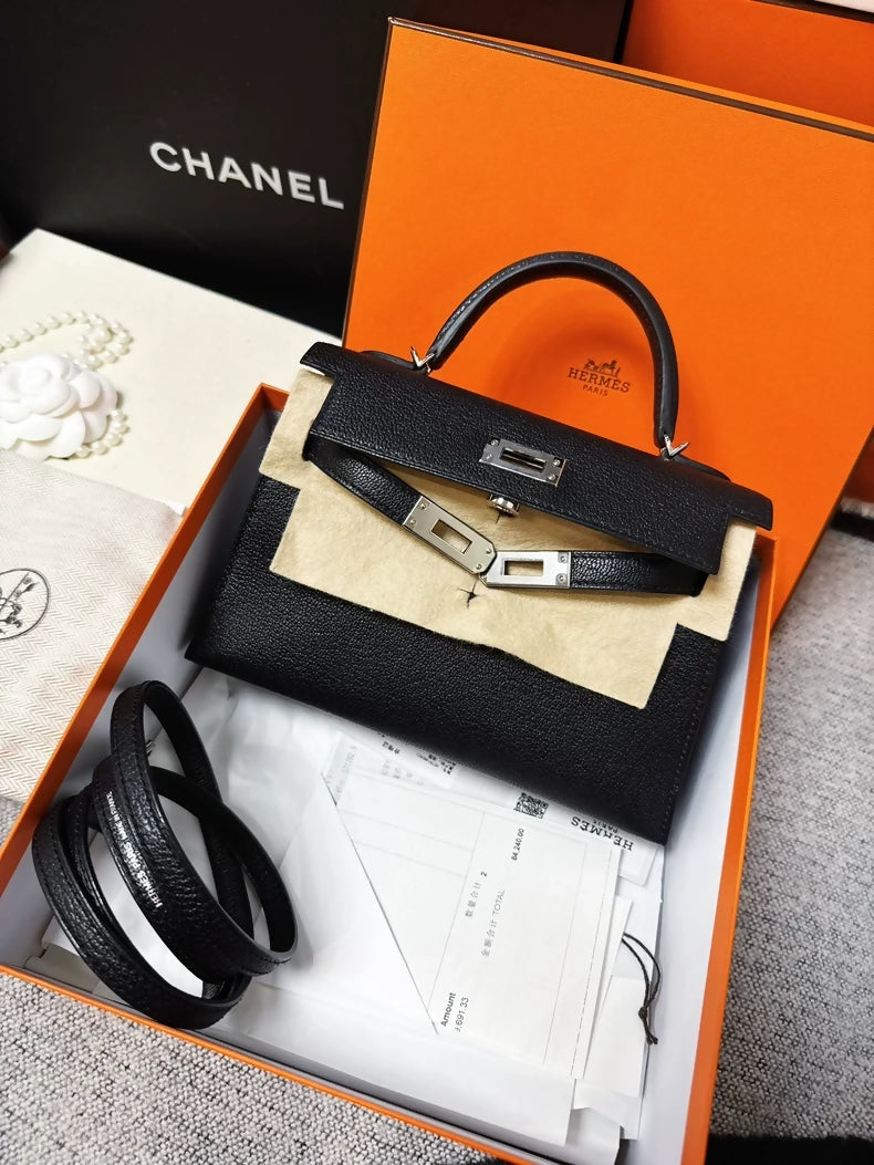 Hermes Mini Kelly 20 black chevre leather palladium hardwrae