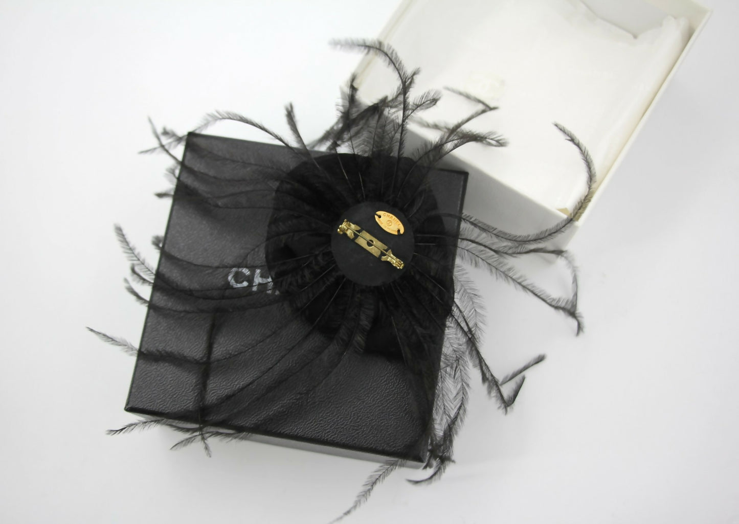 Chanel Vintage 81-85 Tulle Feather Black Camellia Silk Brooch