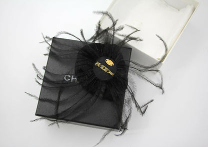 Chanel Vintage 81-85 Tulle Feather Black Camellia Silk Brooch
