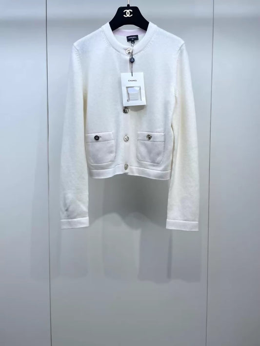 Chanel 25B ecru embroidered knit cardigan