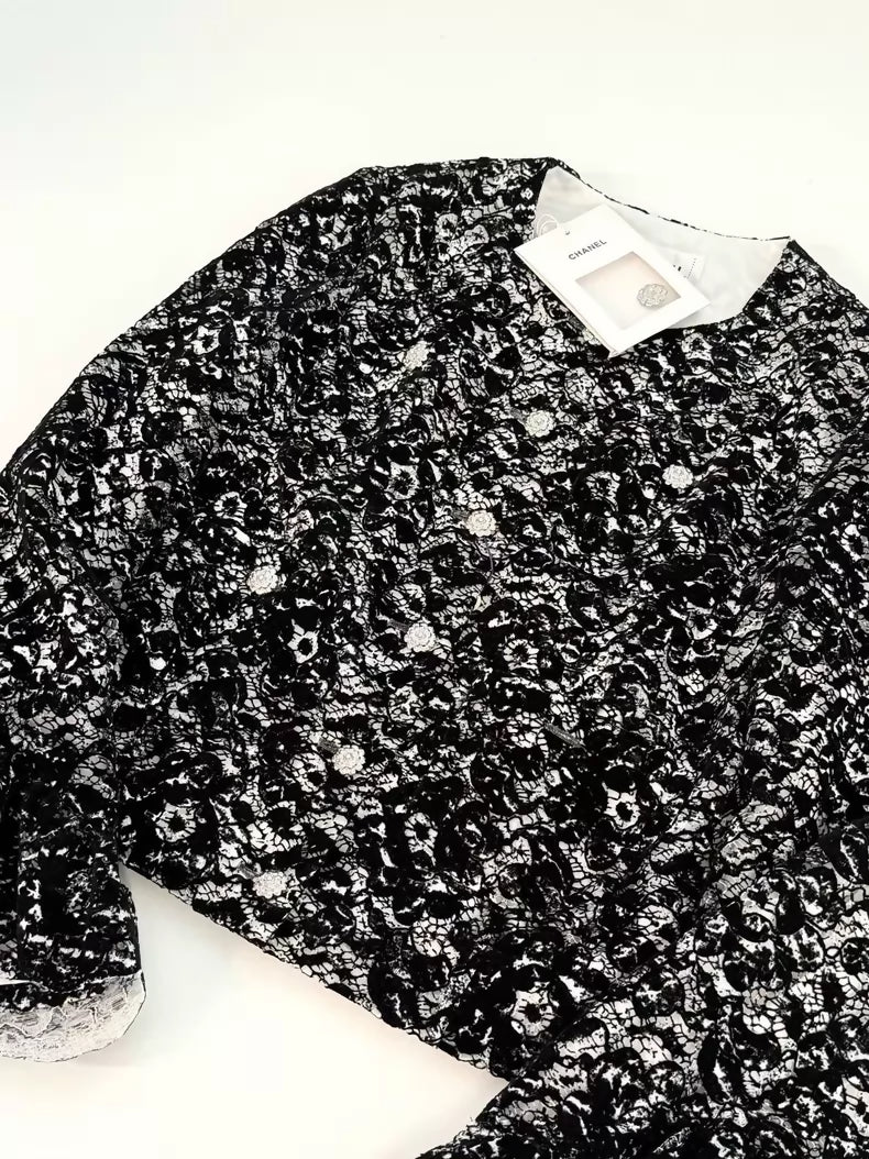 Chanel 25A black white Camellia lace jacket