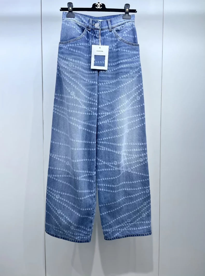 Chanel 25C pearl chain wide-leg jeans