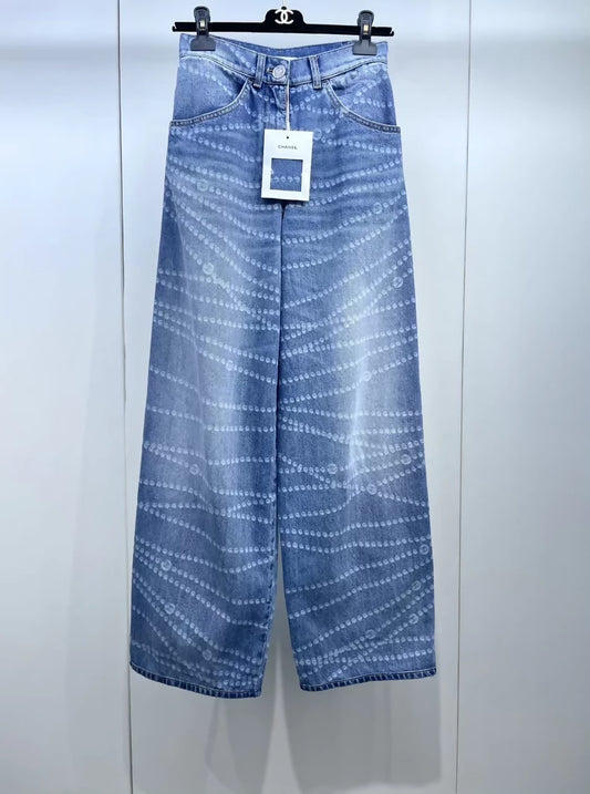 Chanel 25C pearl chain wide-leg jeans