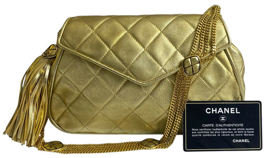 Rare 90’s Chanel Vintage Gold Quilted Lambskin Leather Multi Chain Jewelry Tassel Bag