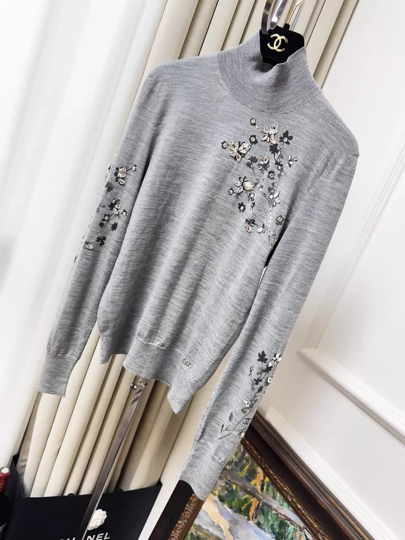 Chanel 22K grey turtleneck knit sweater with rhinestone and beaded floral print