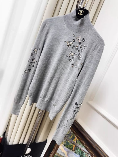 Chanel 22K grey turtleneck knit sweater with rhinestone and beaded floral print