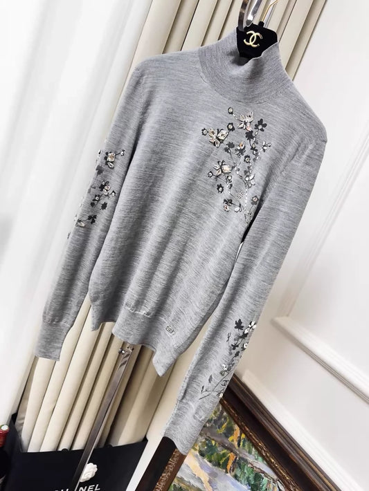 Chanel 22K grey turtleneck knit sweater with rhinestone and beaded floral print