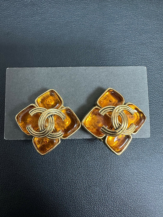 Chanel Vintage 94 Gripoix & Gold Plated Orange and Gold Clip-on Earrings