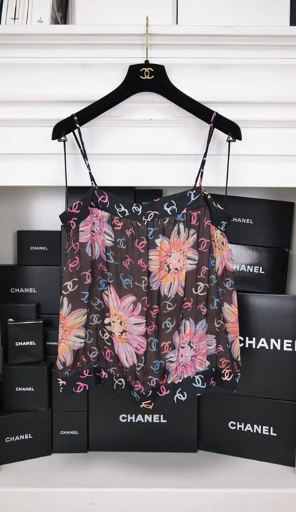 Chanel 24S Runway Colored Silk Camellia Print Camisole Top