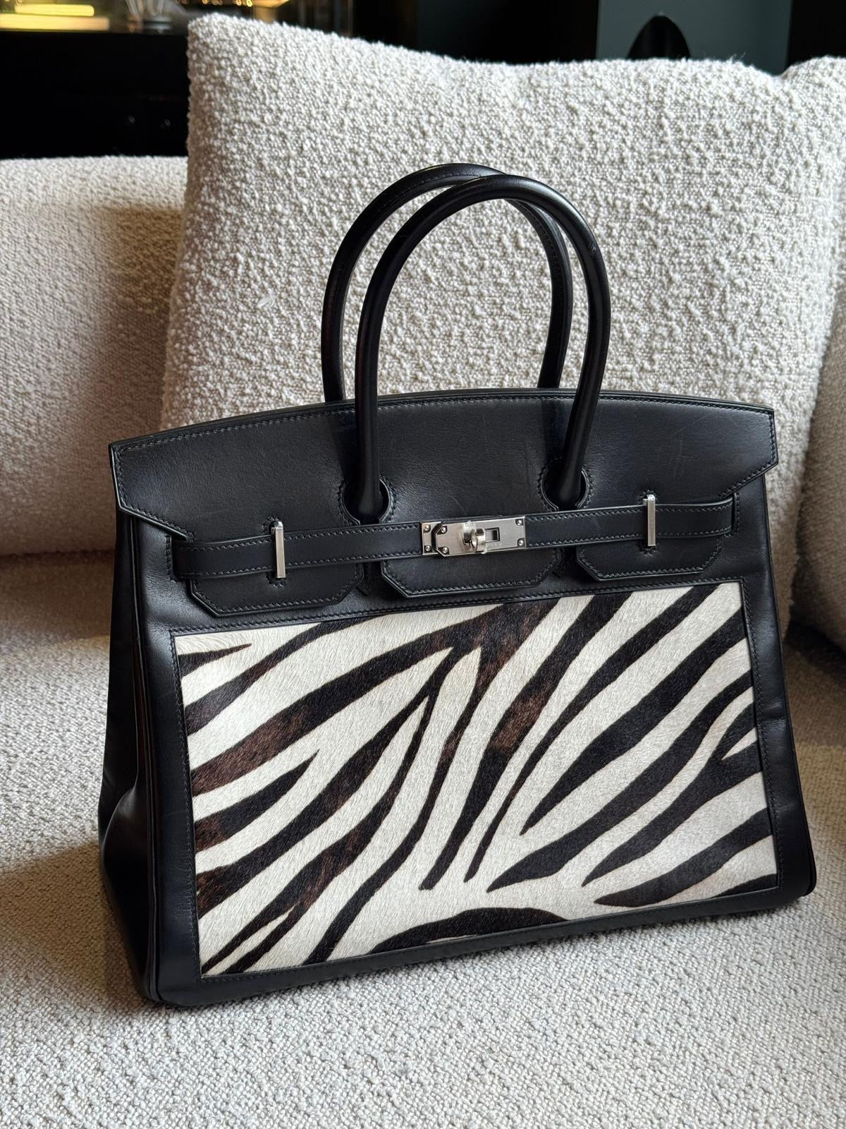 Hermes Birkin 35 Black Box Zebra Print Pony Fur Palladium hardware