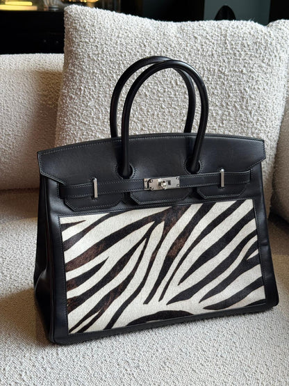 Hermes Birkin 35 Black Box Zebra Print Pony Fur Palladium hardware