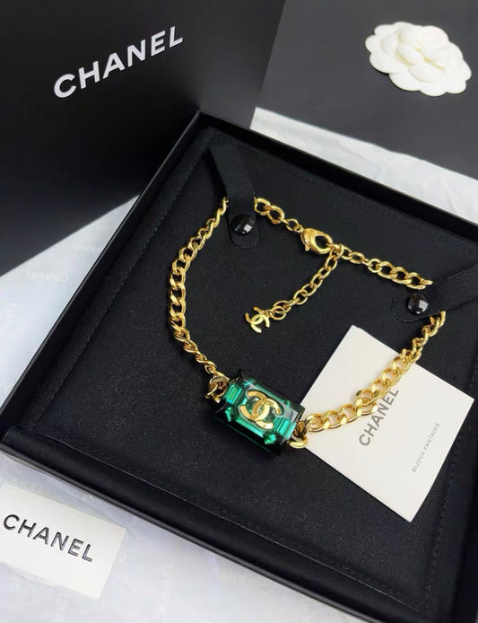 Chanel 23P emerald green square gold chain necklace