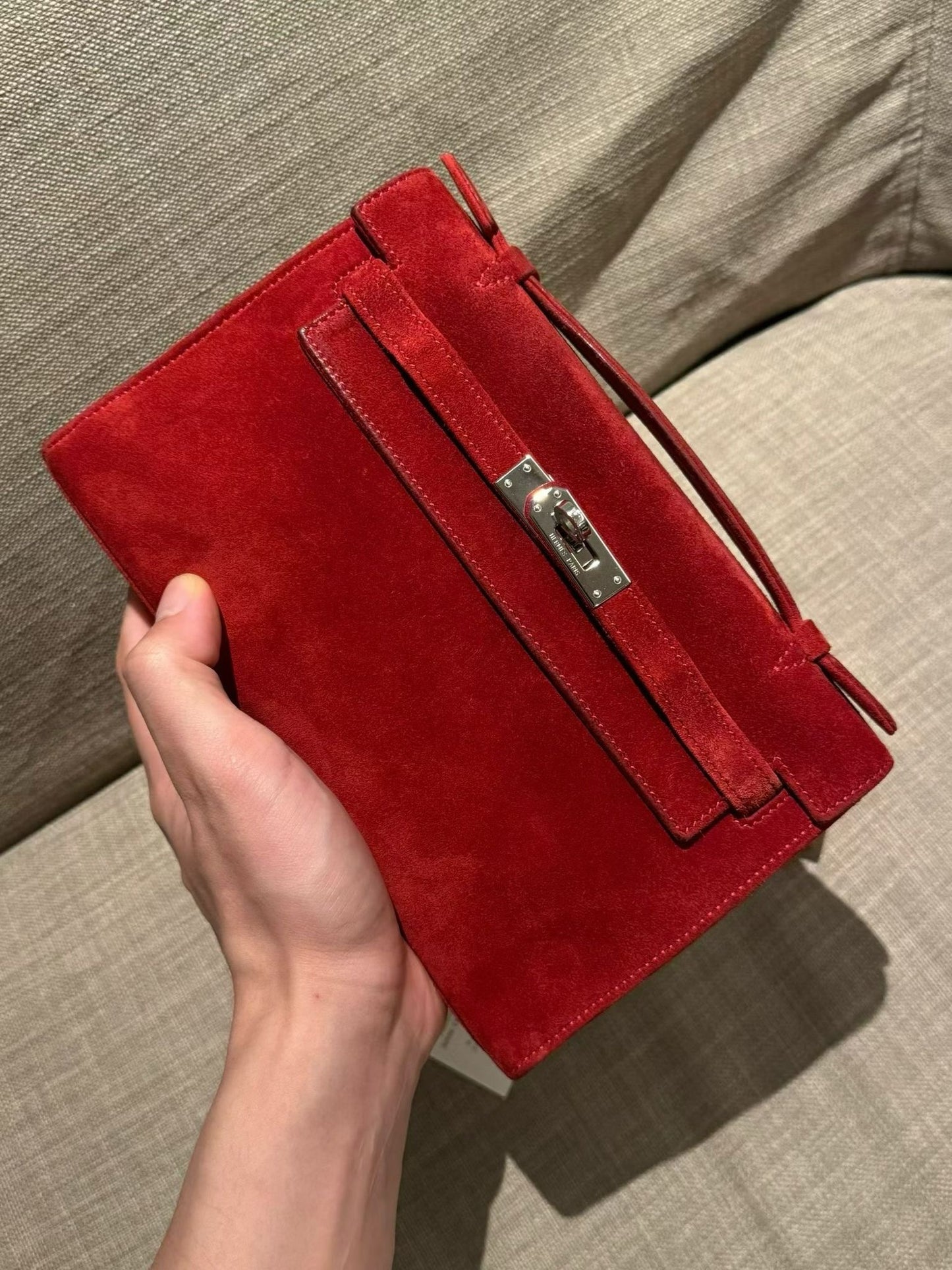 Hermes Kelly pochette red Doblis suede leather palladium hardware