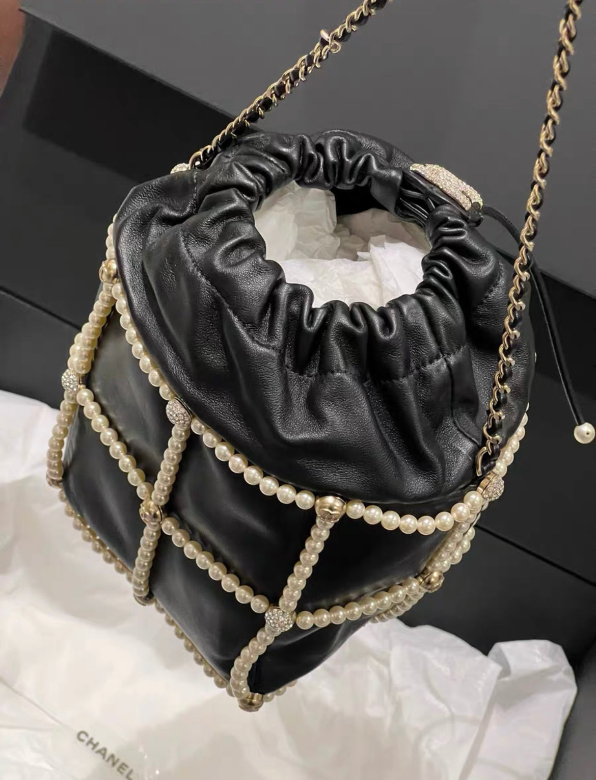 CHANEL 2021 BUCKET CRYSTAL CC LOGO PEARL CHAIN BAG LAMBSKIN BLACK