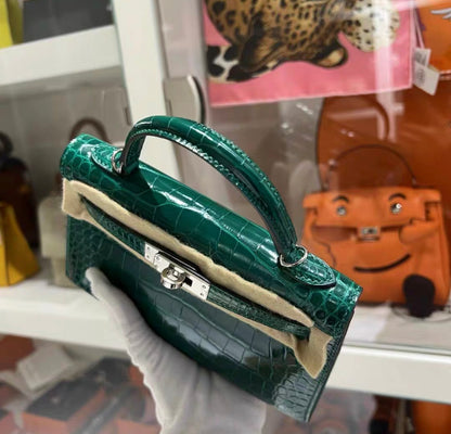 HERMES MINI KELLY SELLIER EMERALD SHINY ALLIGATOR PALLADIUM HARDWARE