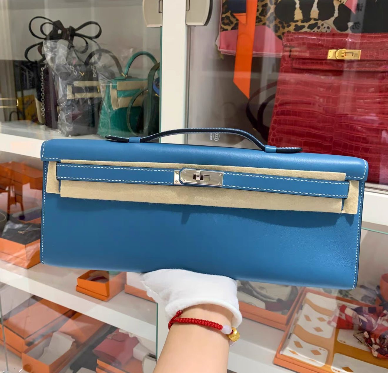 Hermès Kelly Cut Blue Jeans Swift Leather palladium hardware