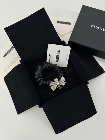 Chanel 22P Diamond Bow Double C Black Pleated Hairband