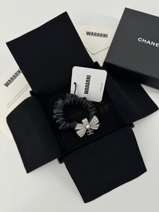 Chanel 22P Diamond Bow Double C Black Pleated Hairband