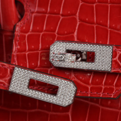 Hermès Birkin 25 Rouge Braise Shiny Porosus Crocodile 18K White Gold and Diamond Hardware