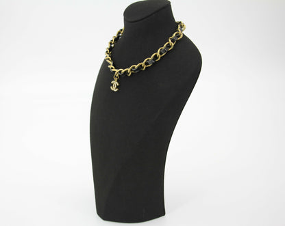 Chanel Vintage 95P Rhinestone Gold-plated Black Leather Chain CC Choker