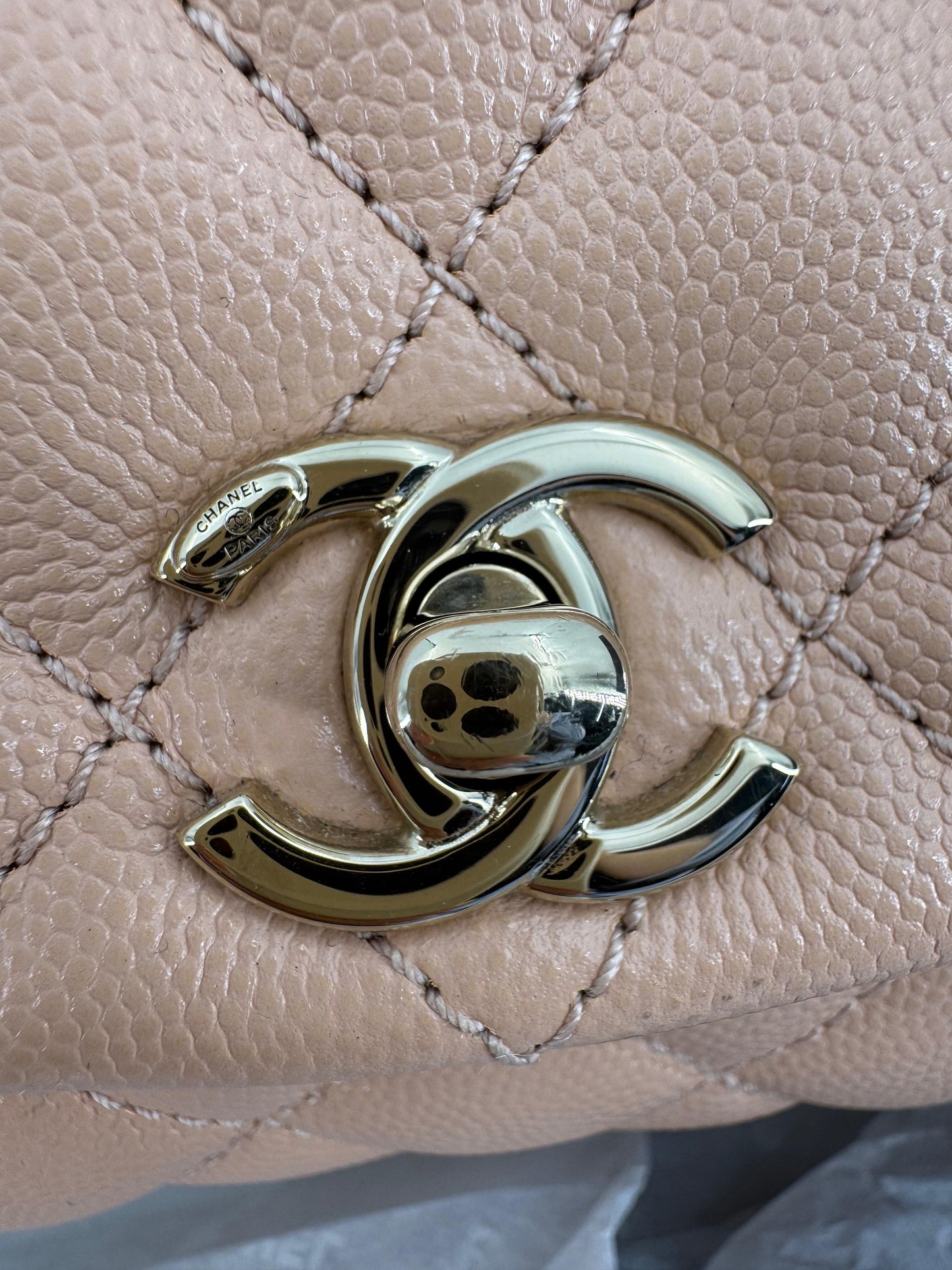 Chanel peach grained leather mini coco handle with light gold hardware