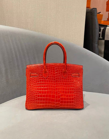 Hermès Birkin 30 Rouge Braise Shiny Porosus Crocodile 18K White Gold and Diamond Hardware