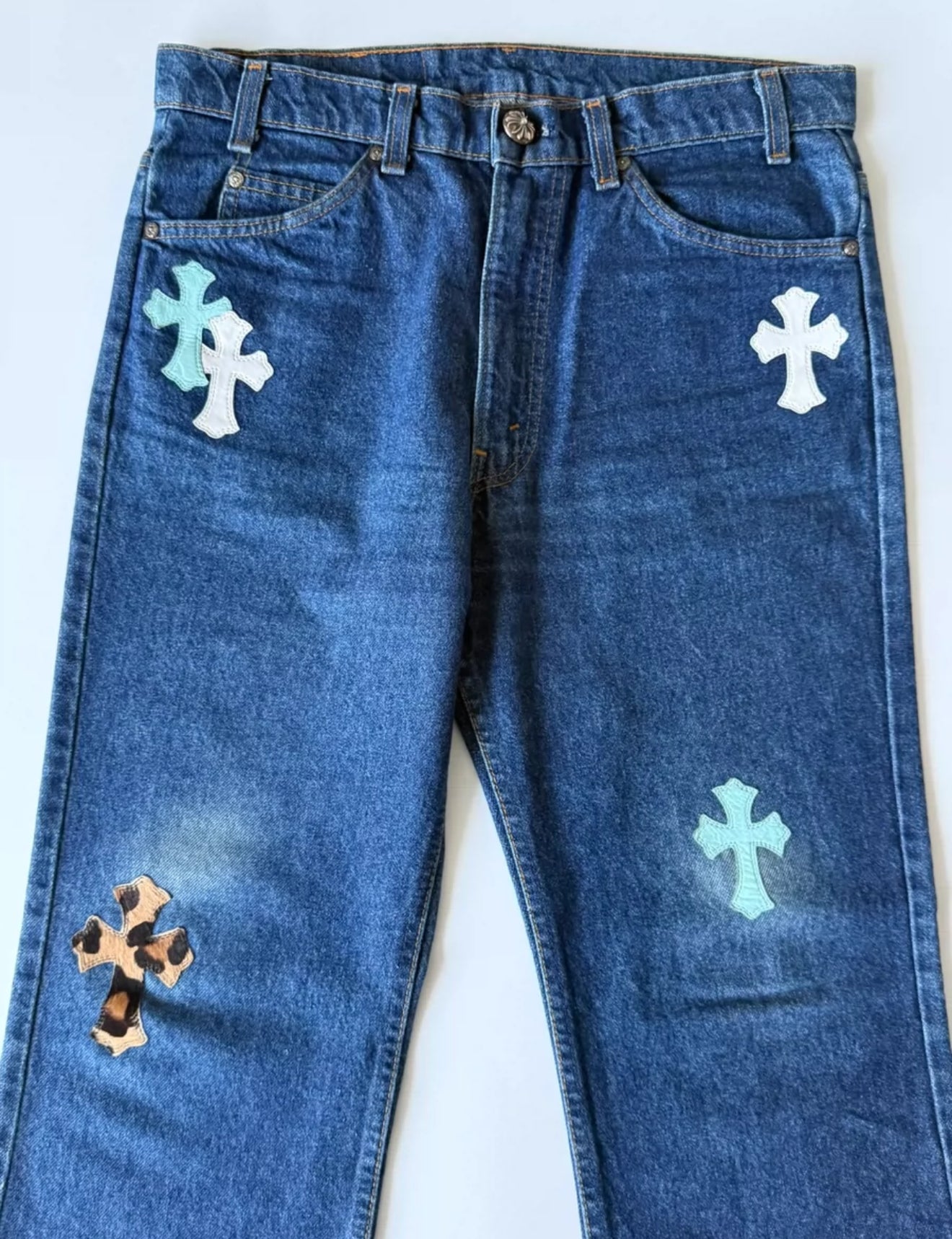 Chrome Hearts blue washed denim with baby blue white leopard print cross patchwork