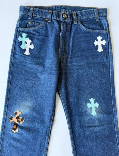 Chrome Hearts blue washed denim with baby blue white leopard print cross patchwork