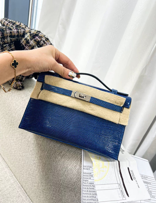 Hermès Kelly Pochette Bleu Saphir Lizard Palladium Hardware