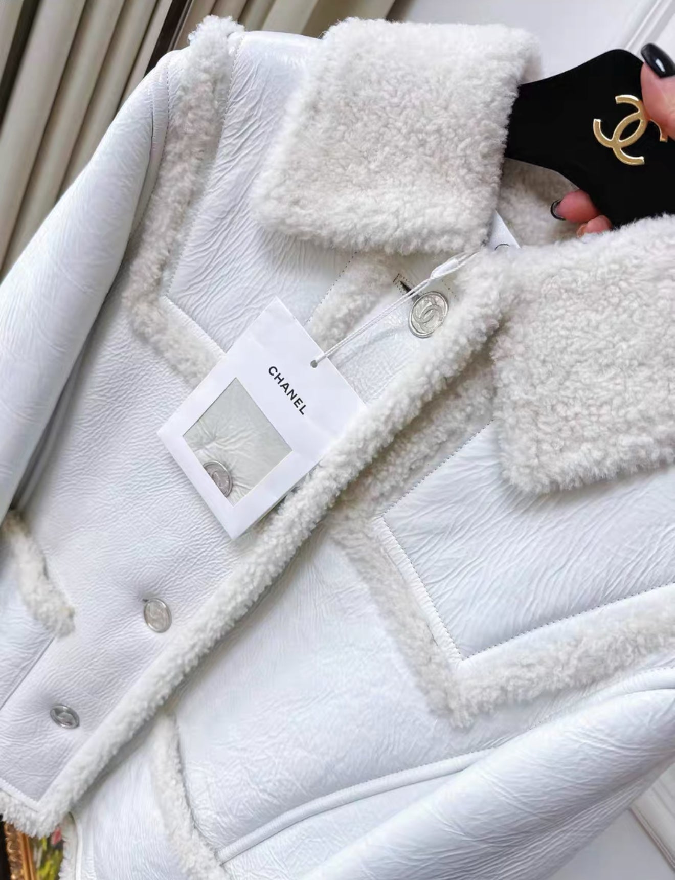 Chanel 21B white ecru shearling jacket
