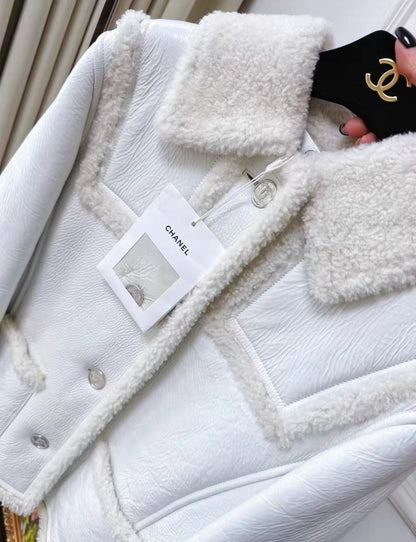 Chanel 21B white ecru shearling jacket