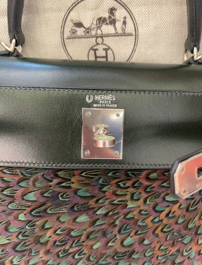 Hermes Kelly 28 Vert Fonce Calf Box Leather Peacock Feather Palladium Hardware
