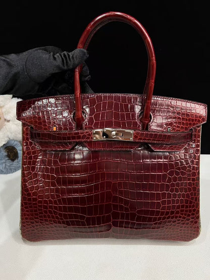 Hermes Birkin 30 Bordeaux Shiny Crocodile Leather Palladium Hardware