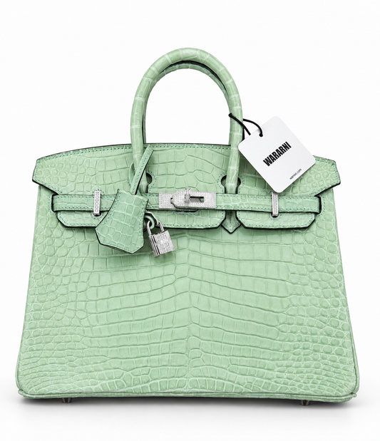 Hermès Birkin 25 Matte Vert d’Eau Crocodile leather with 18K White Gold & Diamond Hardware