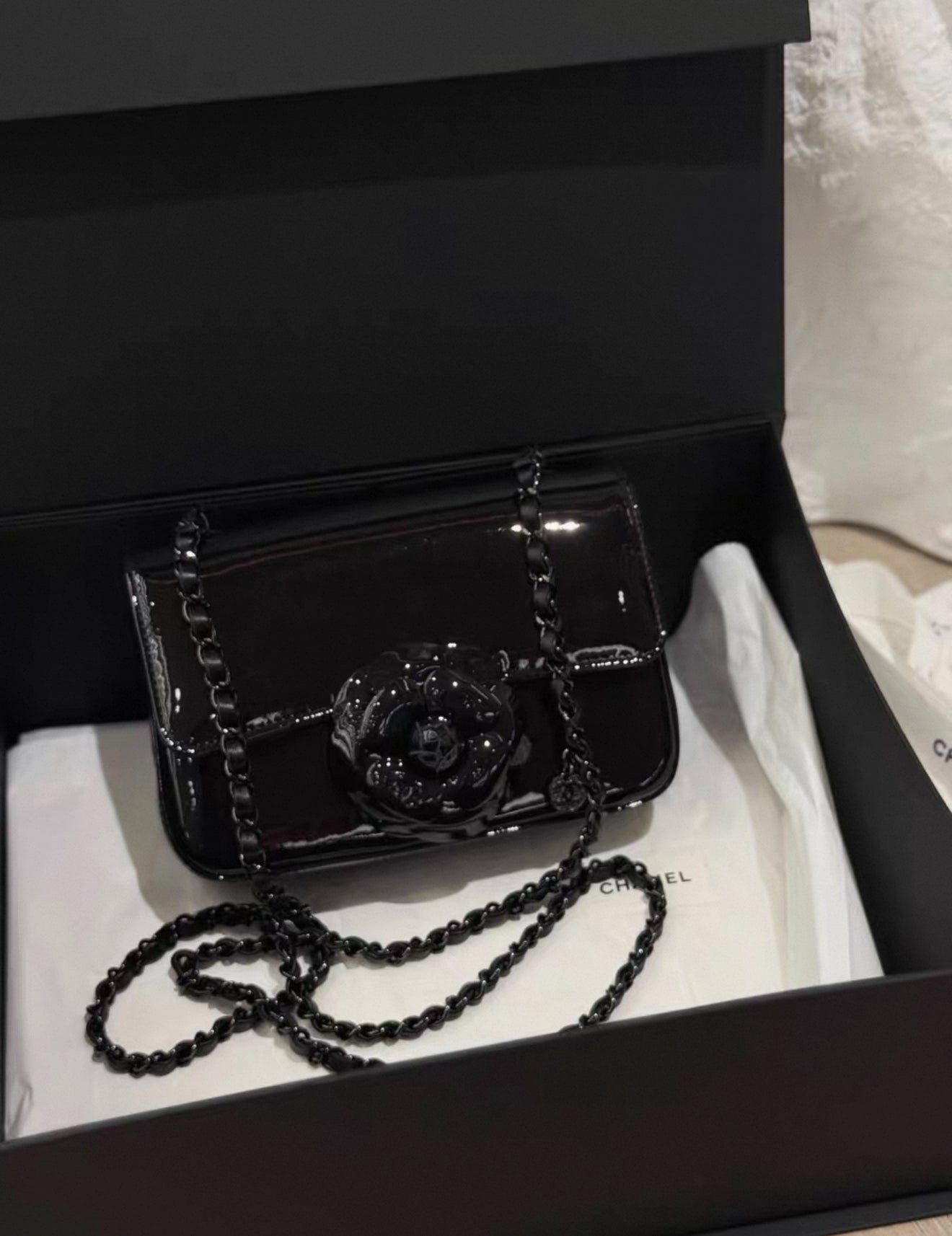 CHANEL 23K Black Patent Camellia Single Flap Bag Light Gold Hardware